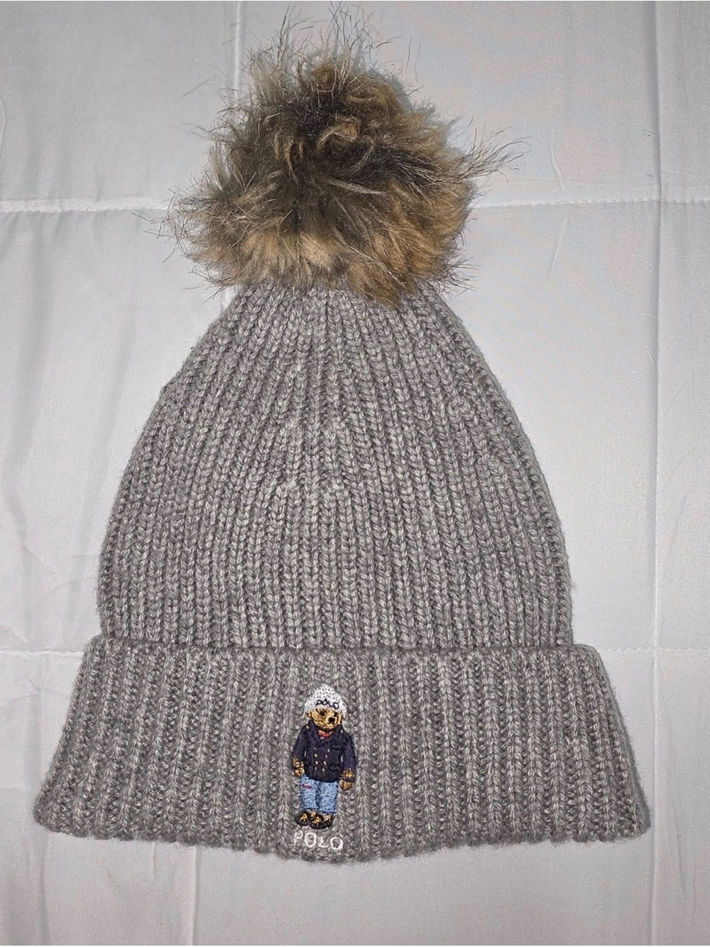 Polo by Ralph Lauren Adult Gray Knit Pom Beanie with Embroidered Bear